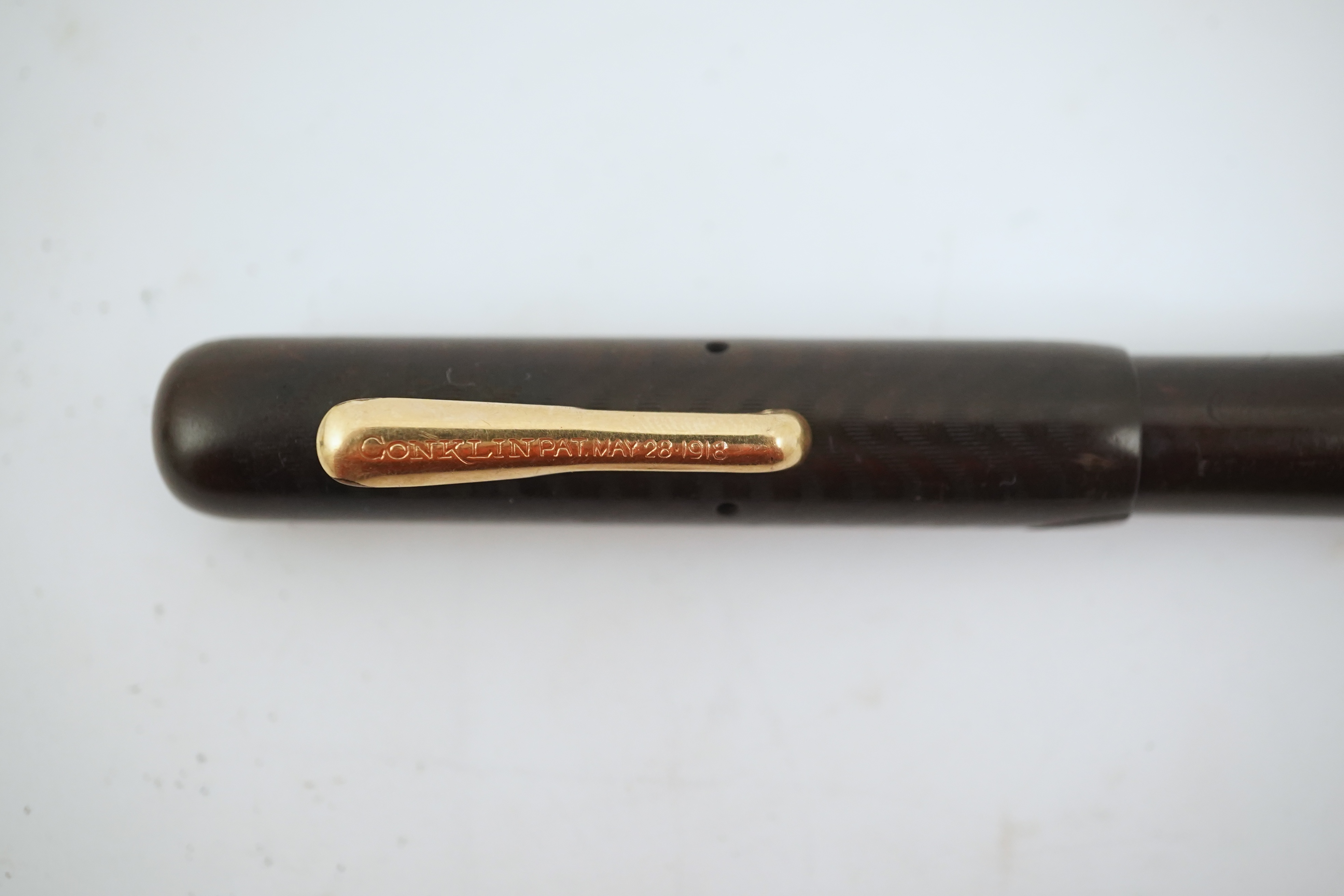 A rare Conklin Crescent hard rubber fountain pen, 18K Conklin 2 nib, cap with clip, patented 1918